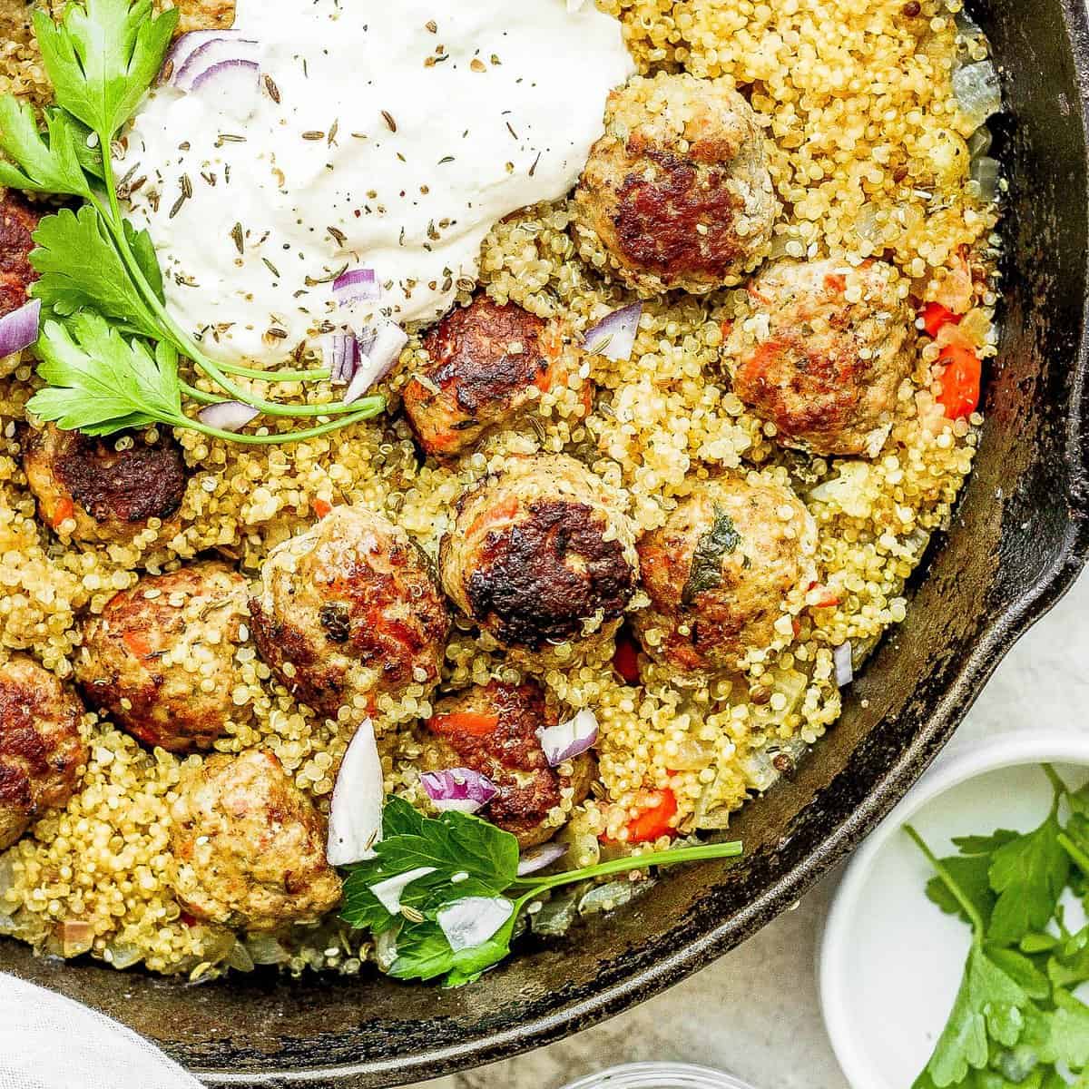 Easy Skillet Za'atar Meatballs & Quinoa: Top with Lemony Yogurt!
